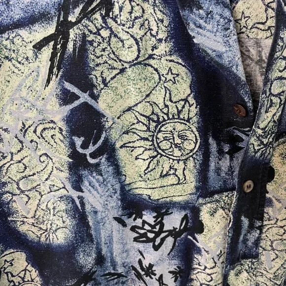 Mens Retro 90s Silk Patterned Blue Button Down Short Sleeve Shirt - Picture 4 of 8